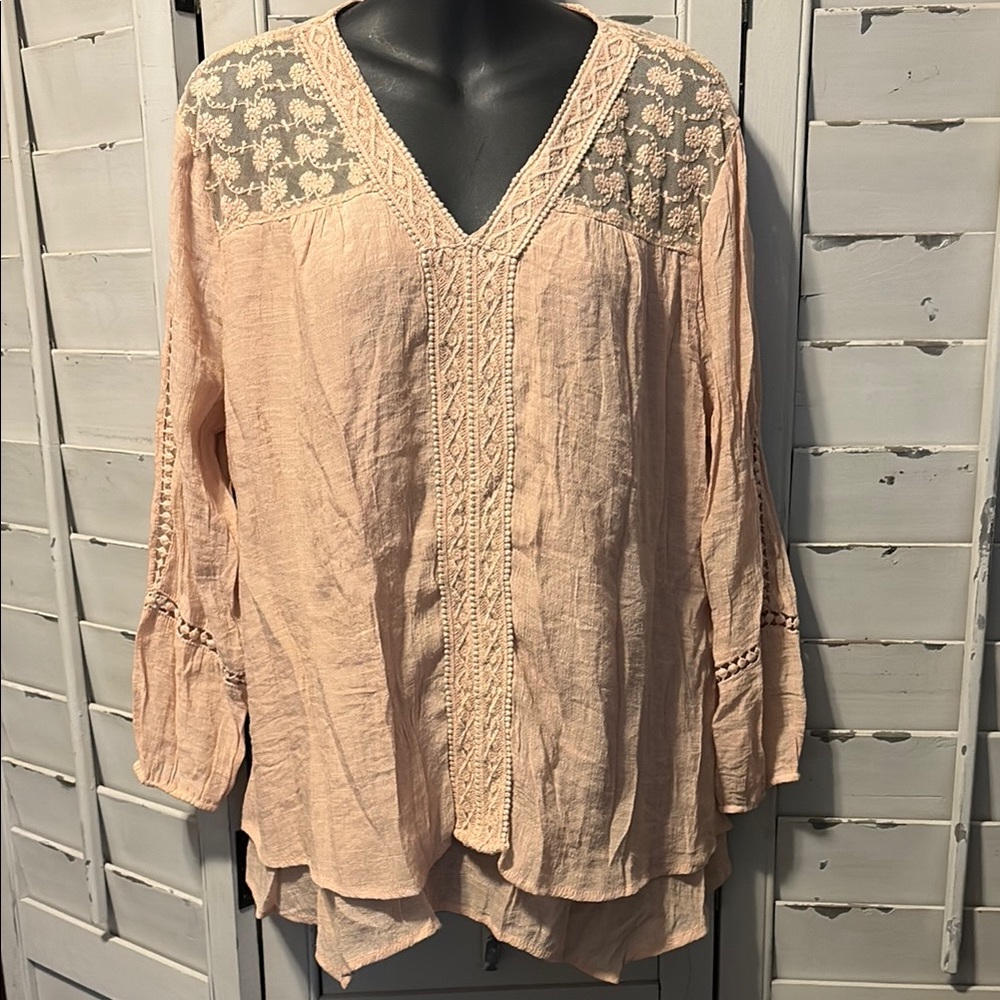 Style & Co. Peach Lace Relaxed 3/4 Sleeve Blouse size L